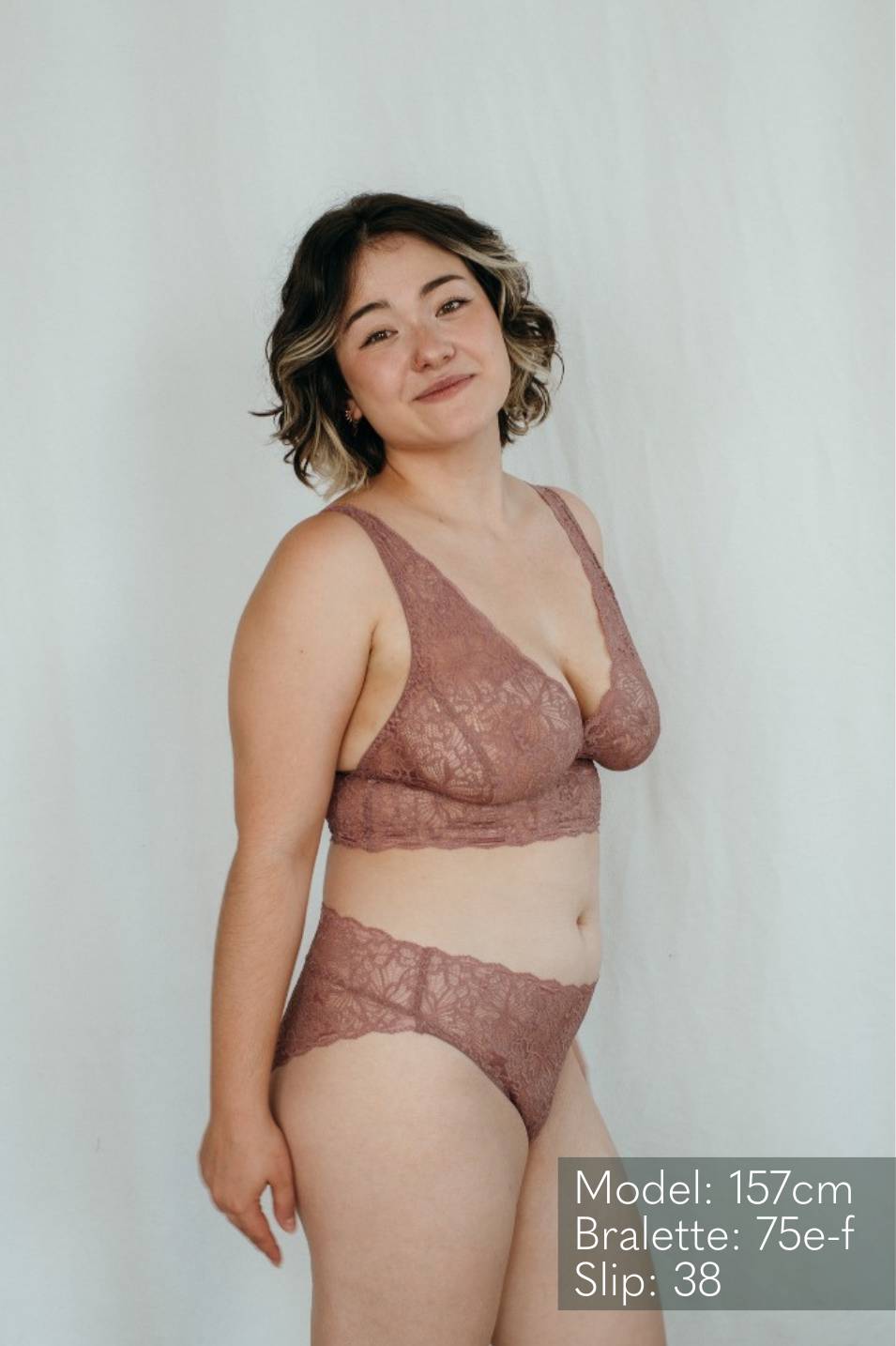 Finest lace in smockey rose on model, photographed from the side
