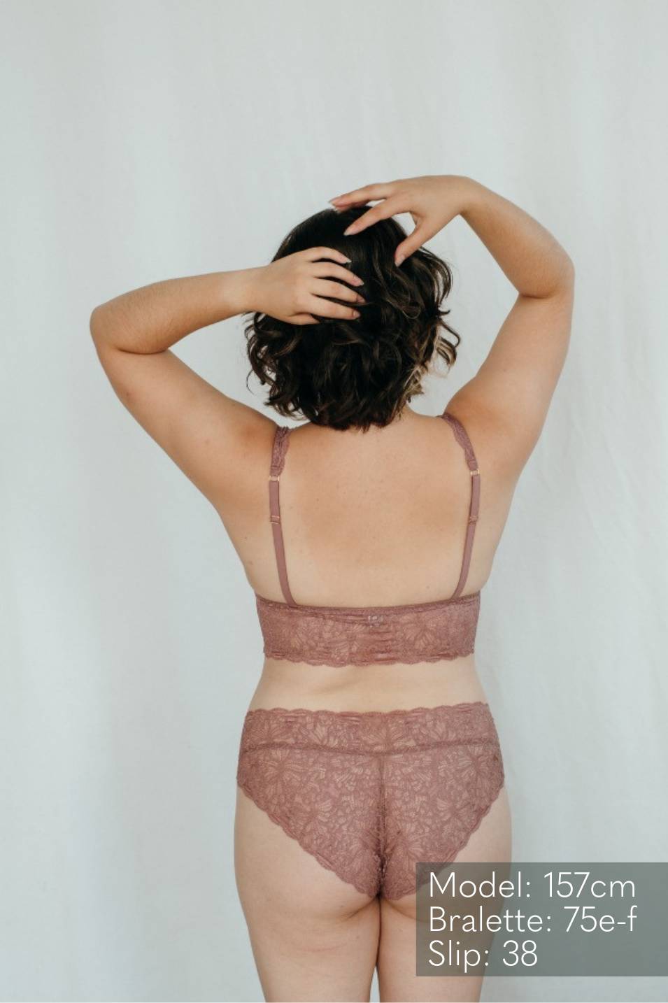 Model wears comfortable slip Belle in Smokey Rose and the matching Bralette.