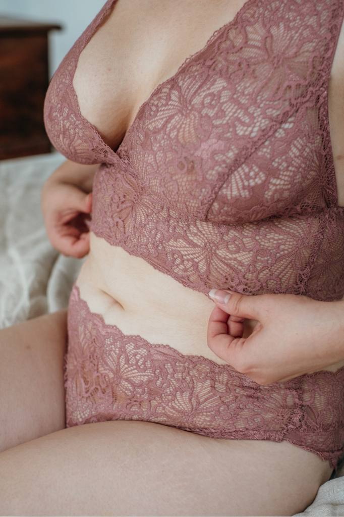 Belle Bralette: Handmade lace in Smokey Rose