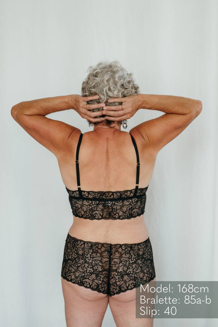 Model wears set of Bralette in lace in size 85a-b, photographed from behind.