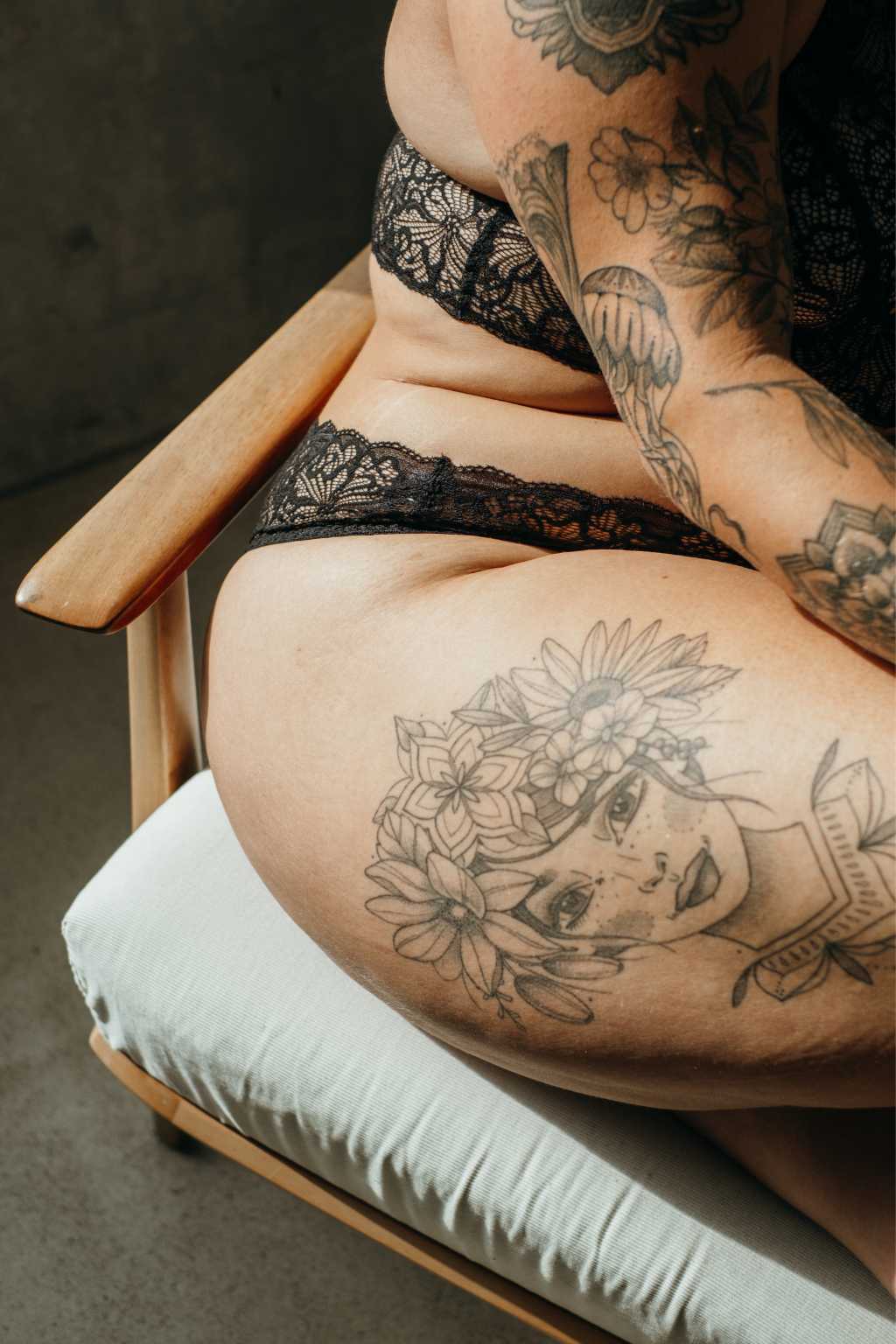 Detail of tattoo and lace panties Lana from thoughts of september