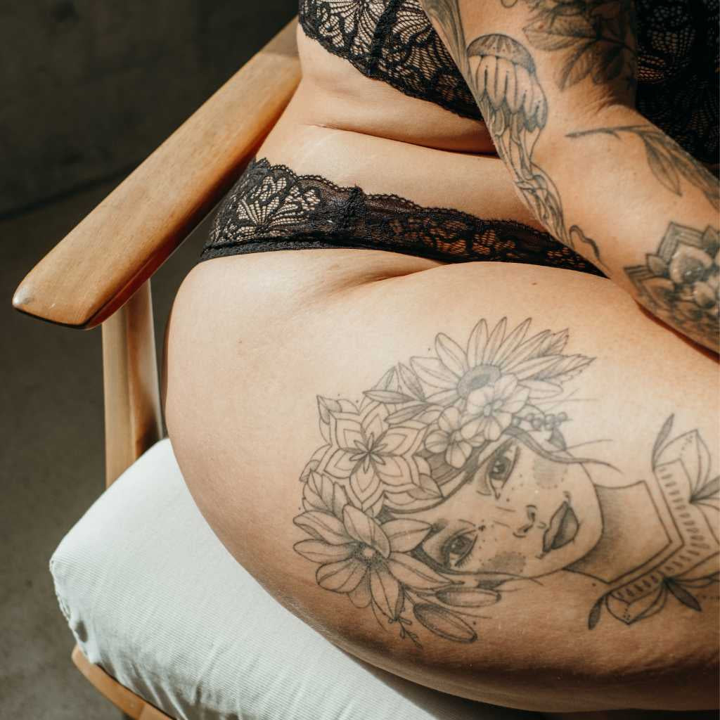 Detail of tattoo and lace panties Lana from thoughts of september