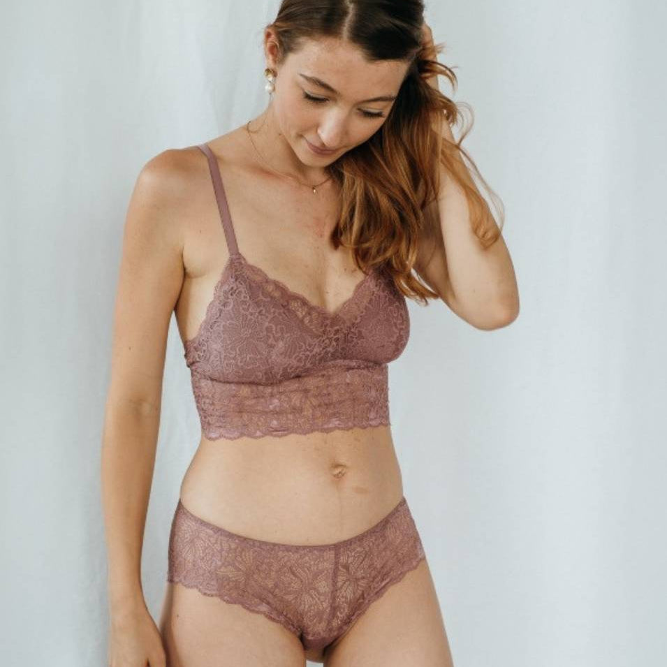 Model wears fine slip and Bralette with pads in Smokey Rose. 