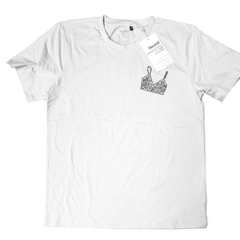 Mock-up Bild vom Boobs Club T-Shirt in weiss von der Frontseite mit dem Bralette Print.