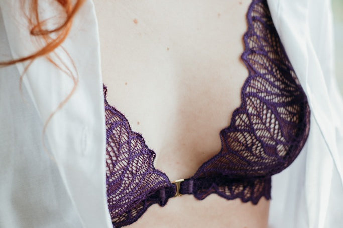 Foto zeigt ein Detailbild vom Joanne Bralette in Ultraviolet. Das Model trägt ein weisses Hemd, das bis zur Hälfte aufgeknüpft ist. Das Bralette blitzt aus der Öffnung hervor.