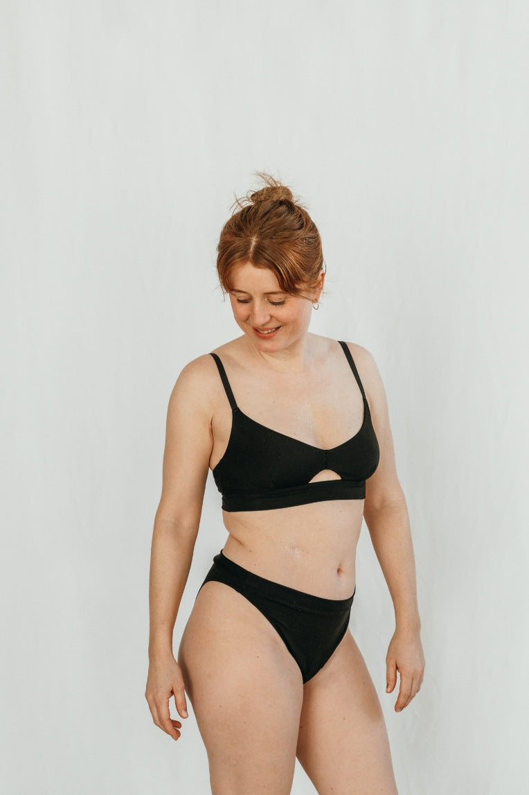 Person wears Bralette with cut-out and black underpants