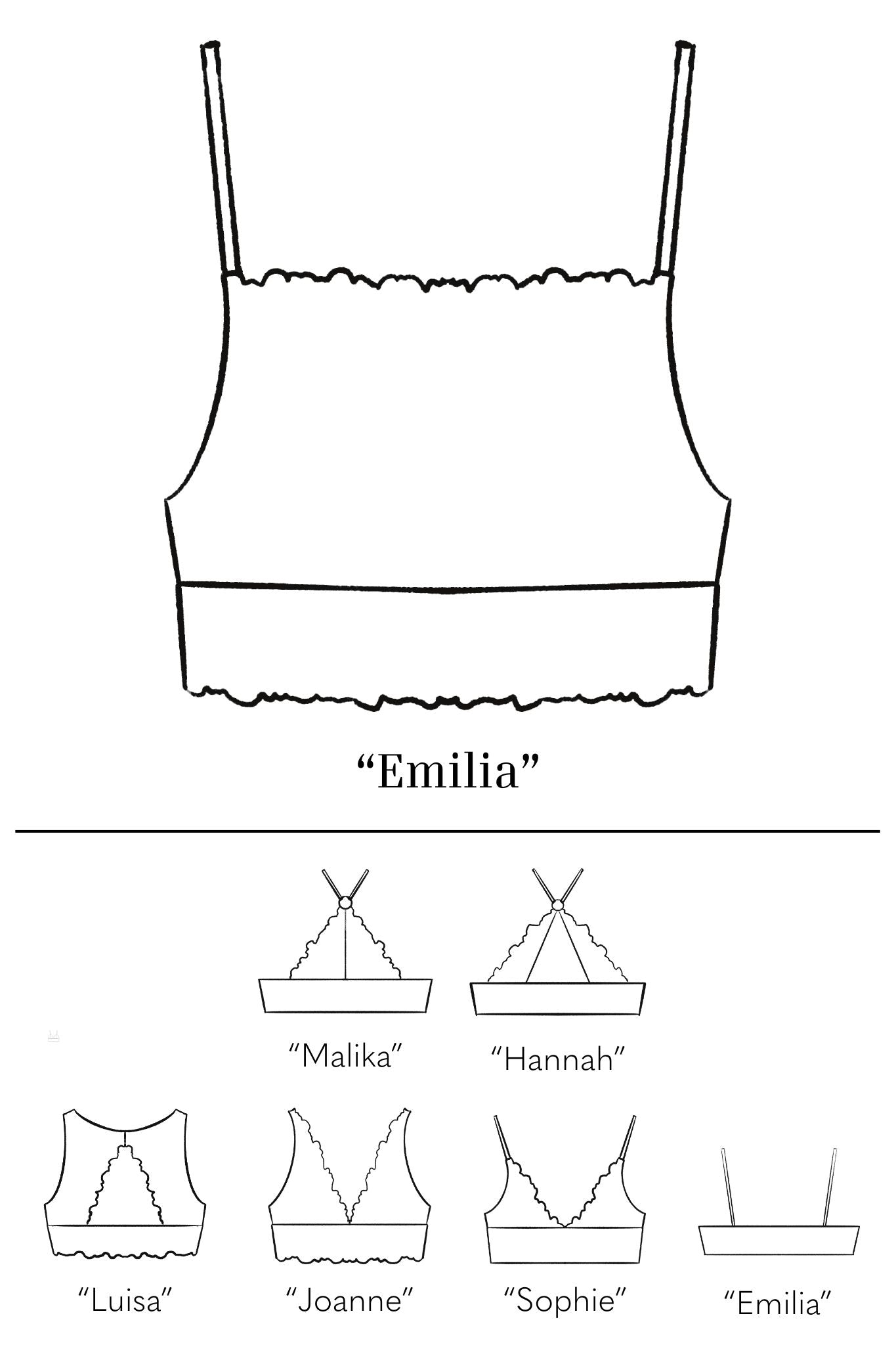 Skizze von Bralette Emilia mit den verschiendenen Kombinationsmöglichkeiten