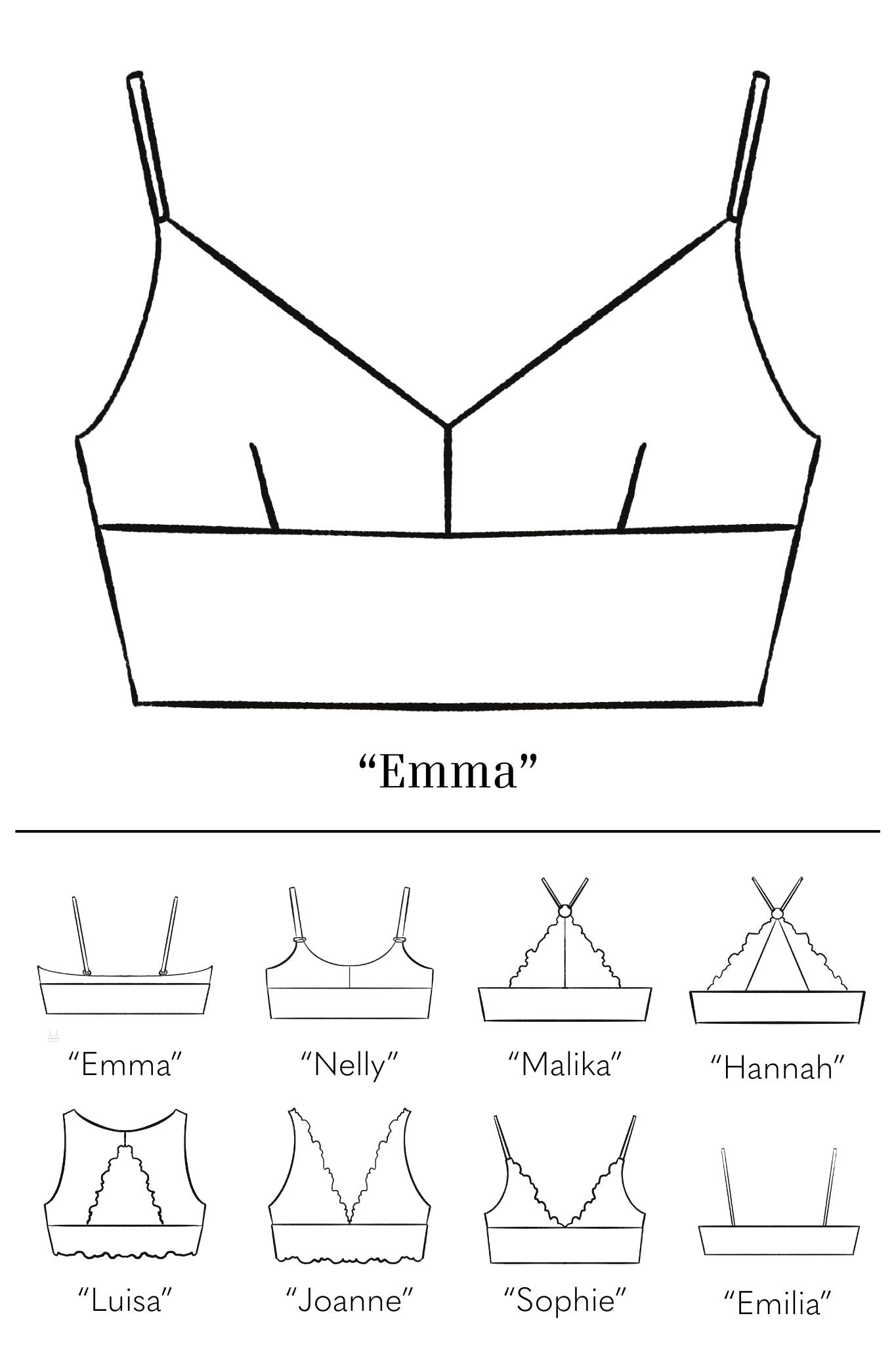 Skizze von Bralette Emma mit den passenden Trägervarianten