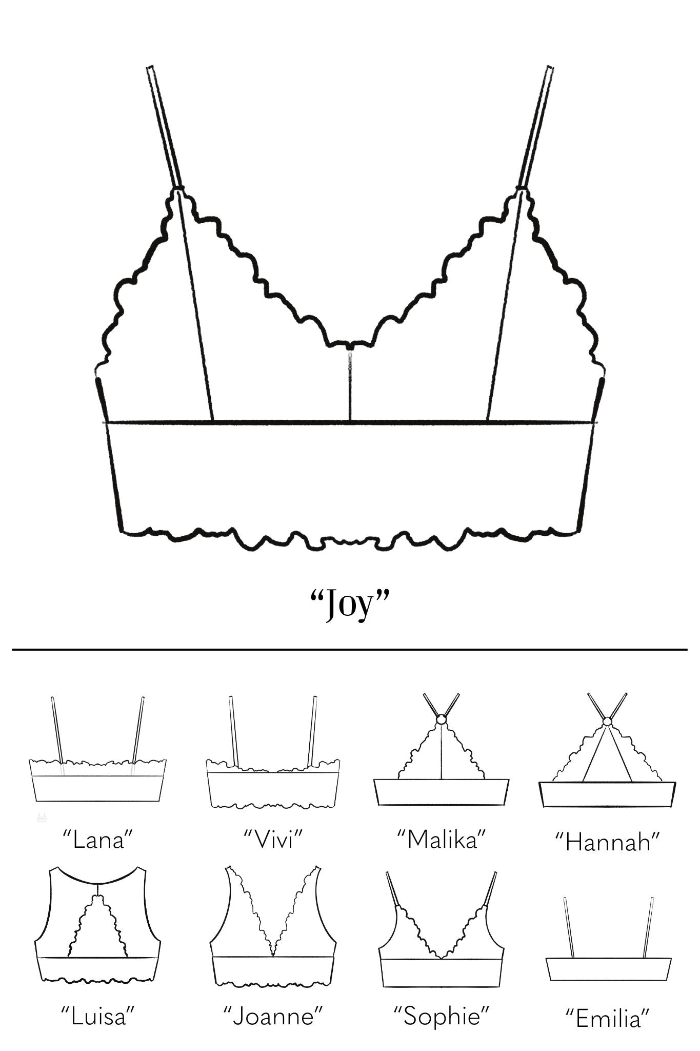 Skizze des Bralette „Joy“ mit verschiedenen Rückenoptionen zum Selbstgestalten