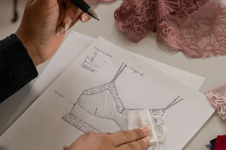 Mathilda sitzt an einem Lingeriedesign, das sie mit Stift auf Papier gezeichnet hat. Rund um das Papier liegt Spitze in verschiedenen Farben.